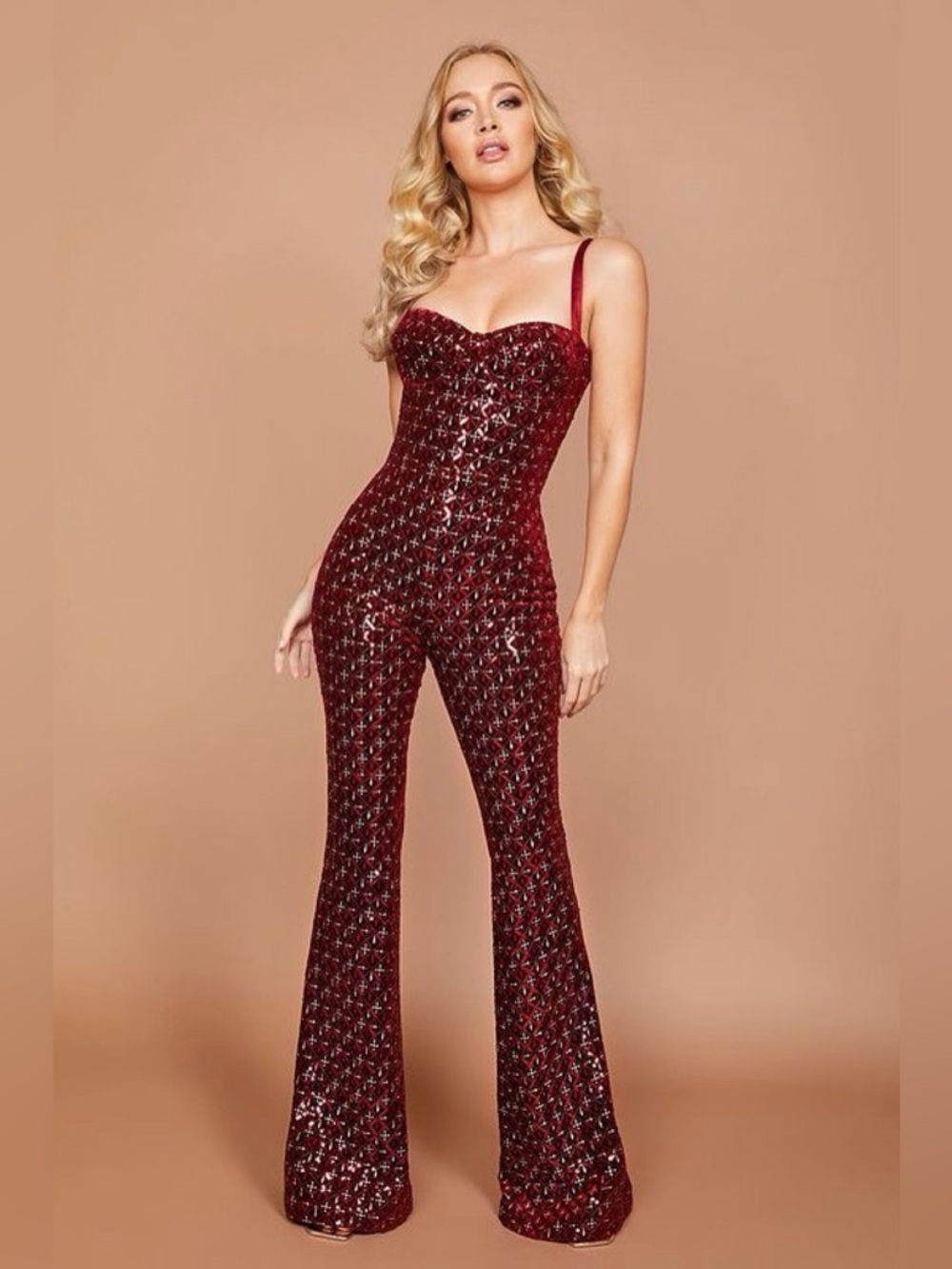 Nadine Merabi- Women’s Burgundy Sequin Strap Jumpsuit
